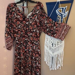 Boho Floral Tie-Back Maxi Dress in Rust and Black